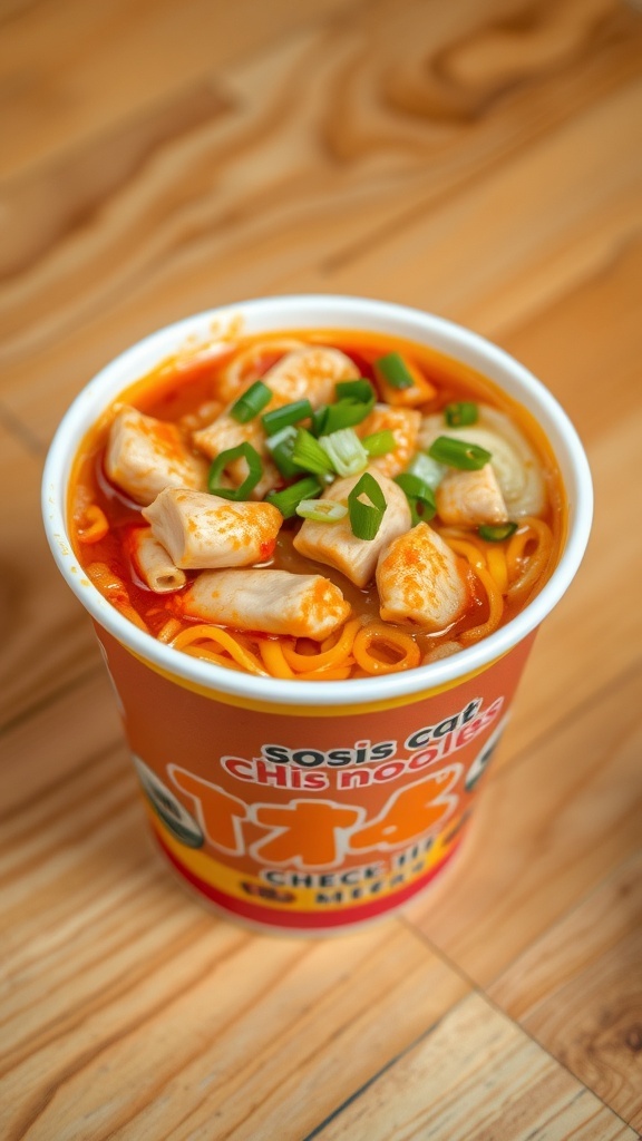 A cup of spicy chicken noodles with vegetables and green onions on a wooden table.